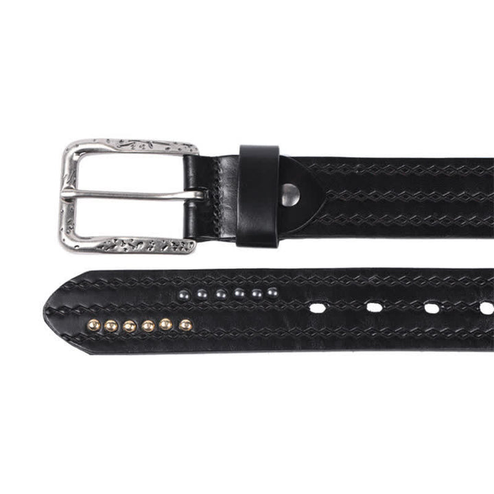 Round Rivet Fancy Stitch Embossed Pattern Leather Belt - image 8