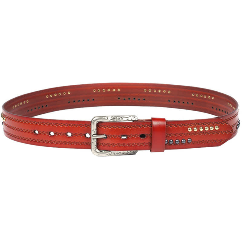 Round Rivet Fancy Stitch Embossed Pattern Leather Belt - image 4