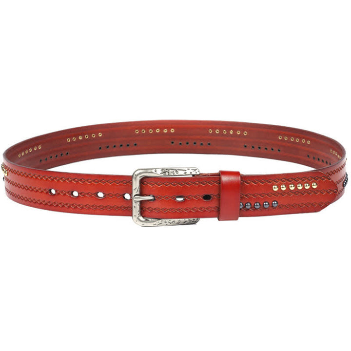Round Rivet Fancy Stitch Embossed Pattern Leather Belt - image 4