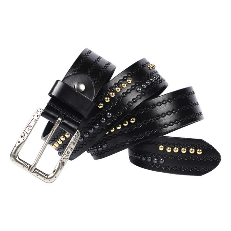 Round Rivet Fancy Stitch Embossed Pattern Leather Belt - image 6