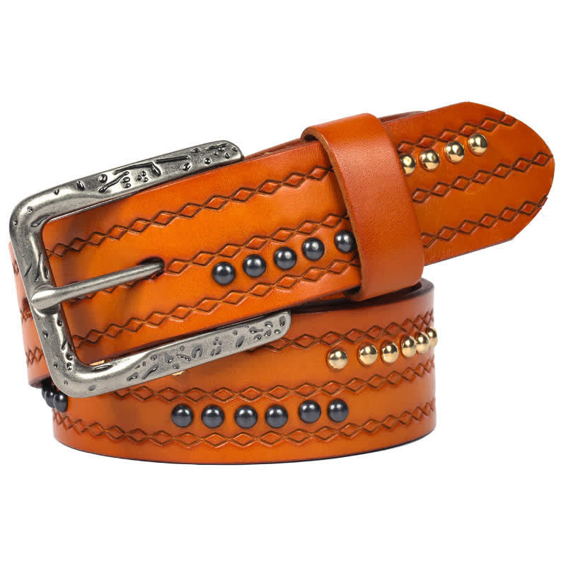 Round Rivet Fancy Stitch Embossed Pattern Leather Belt - Orange - 44 - image 14