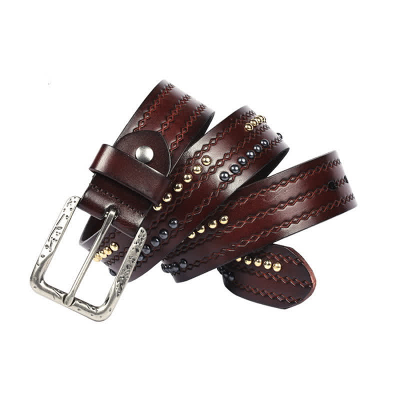 Round Rivet Fancy Stitch Embossed Pattern Leather Belt - image 11