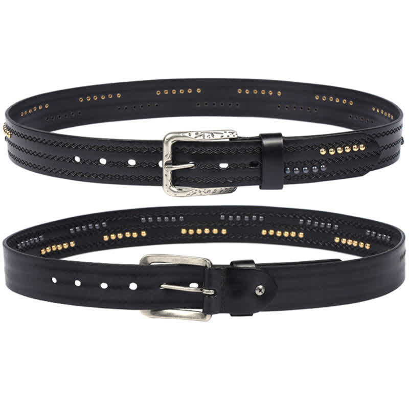 Round Rivet Fancy Stitch Embossed Pattern Leather Belt - image 7