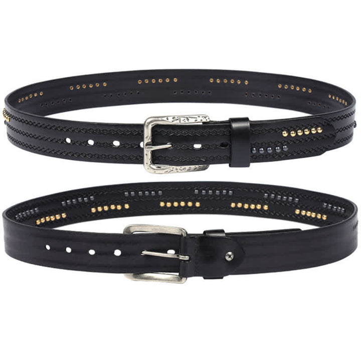 Round Rivet Fancy Stitch Embossed Pattern Leather Belt - image 7