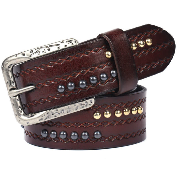 Round Rivet Fancy Stitch Embossed Pattern Leather Belt - Coffee - 44 - image 10