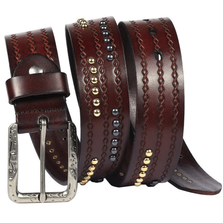 Round Rivet Fancy Stitch Embossed Pattern Leather Belt - image 12
