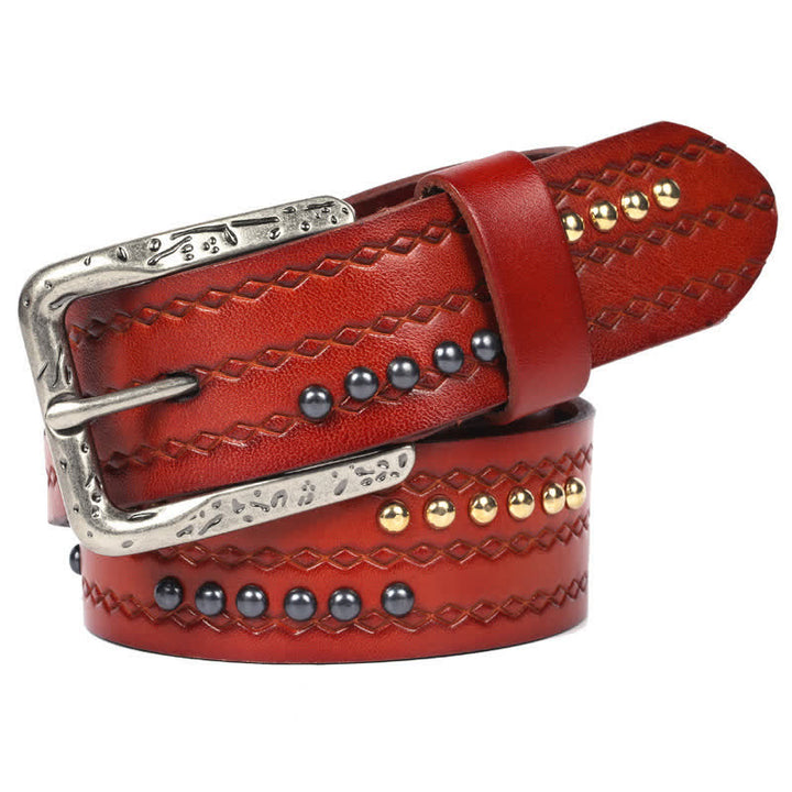Round Rivet Fancy Stitch Embossed Pattern Leather Belt - Red - 44 - image 2