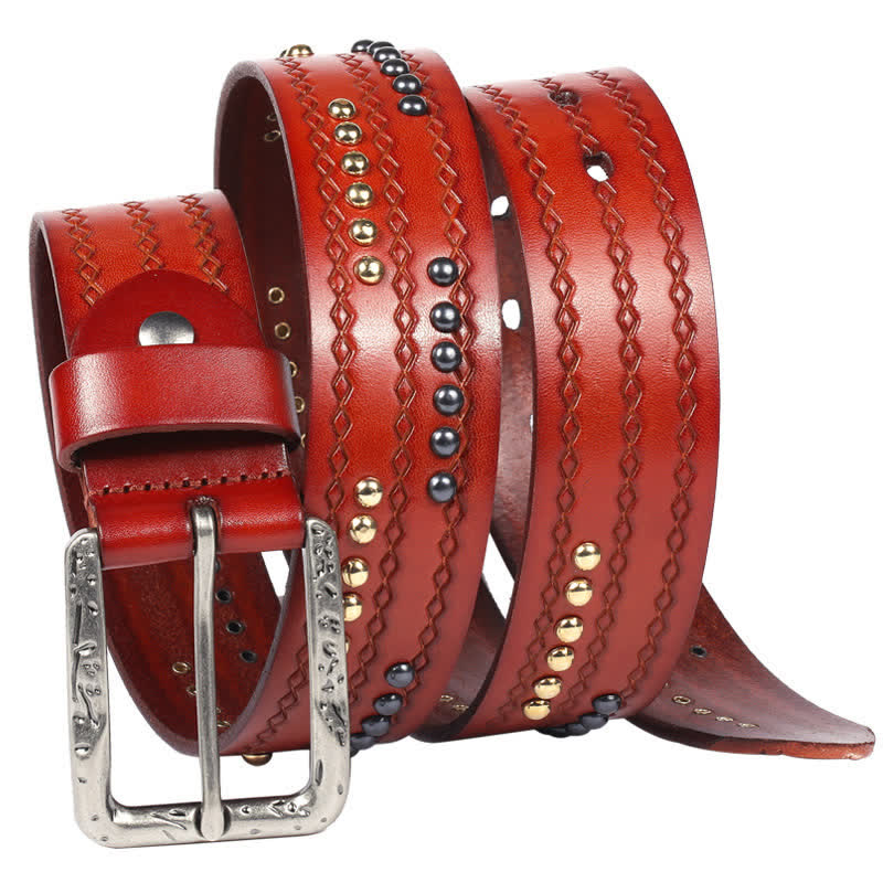 Round Rivet Fancy Stitch Embossed Pattern Leather Belt - image 3