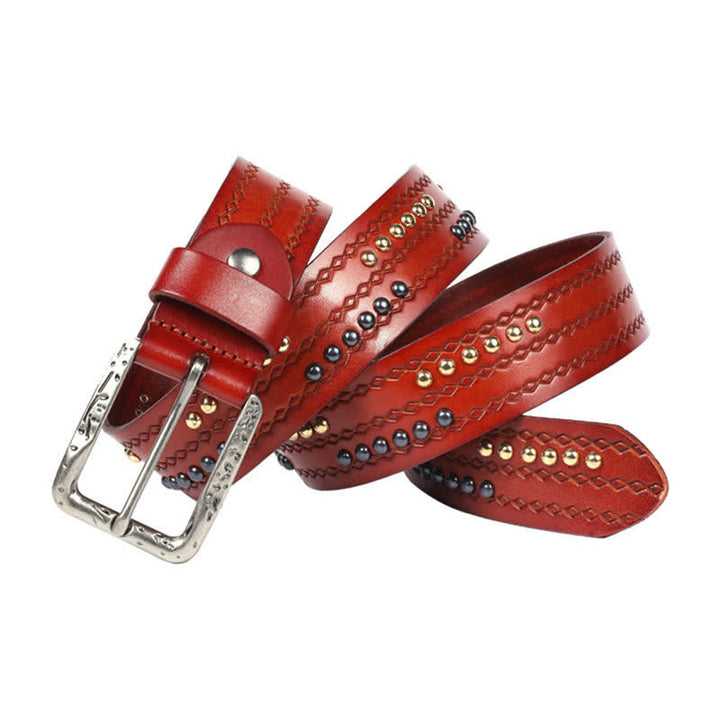 Round Rivet Fancy Stitch Embossed Pattern Leather Belt - image 0