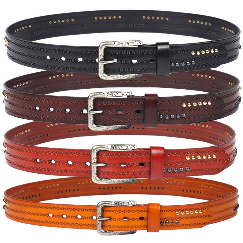 Round Rivet Fancy Stitch Embossed Pattern Leather Belt - image 1