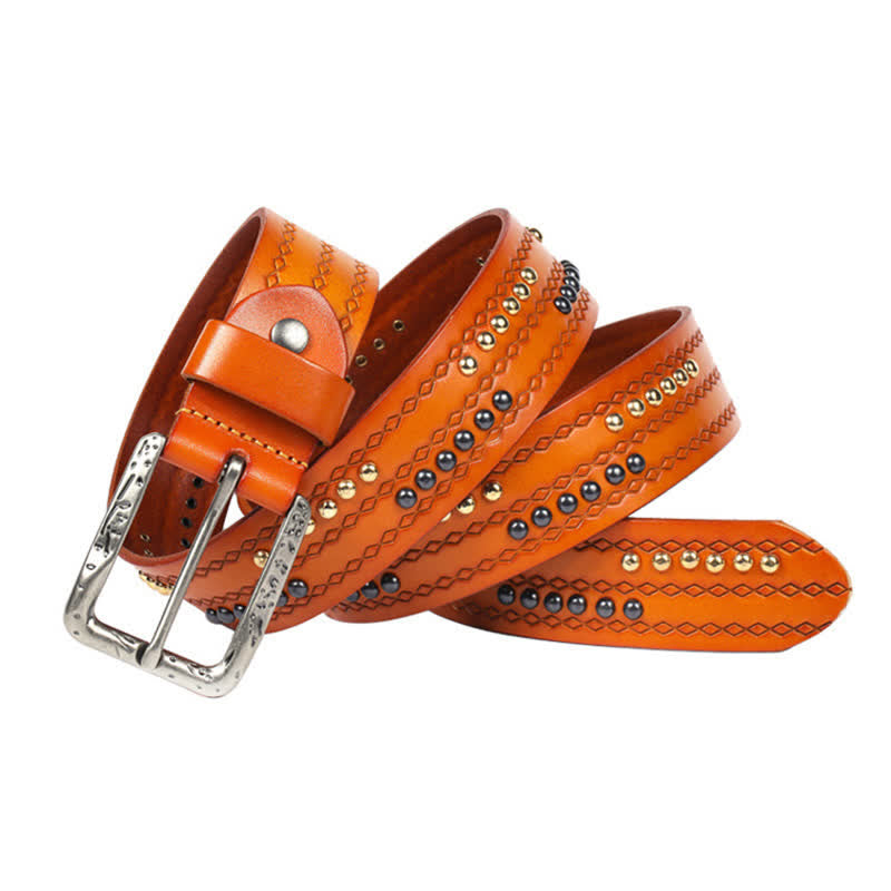 Round Rivet Fancy Stitch Embossed Pattern Leather Belt - image 15