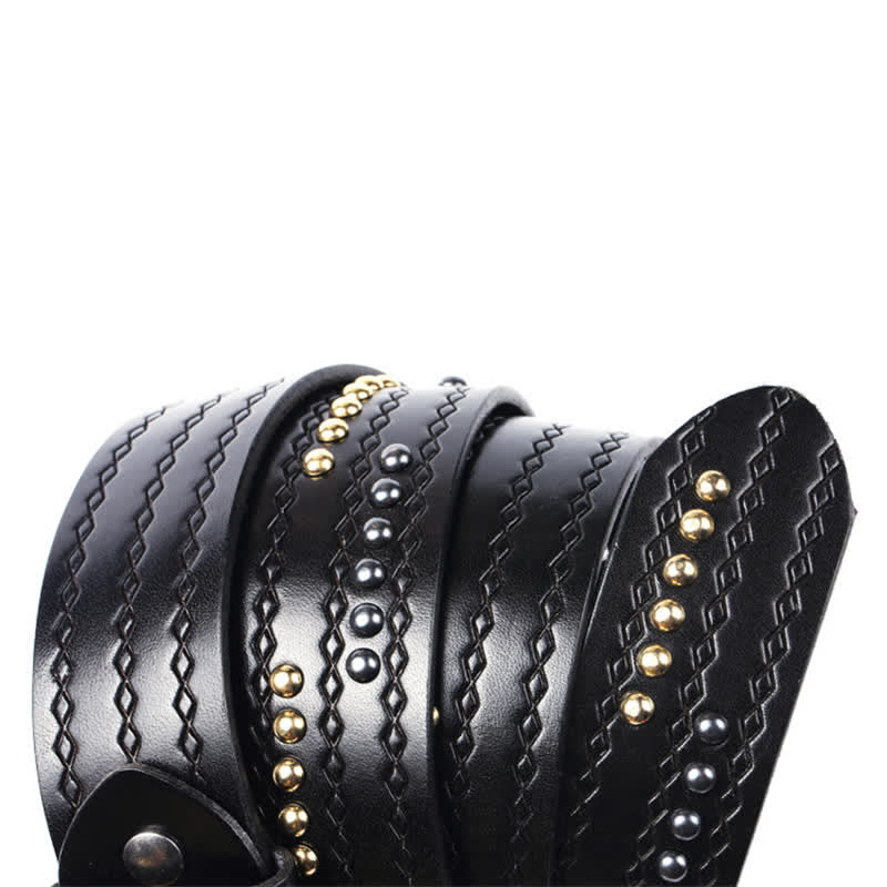 Round Rivet Fancy Stitch Embossed Pattern Leather Belt - image 9