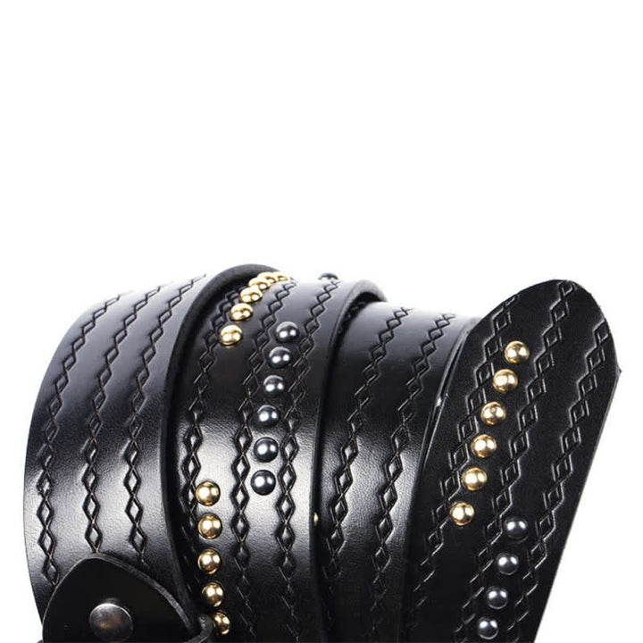 Round Rivet Fancy Stitch Embossed Pattern Leather Belt - image 9