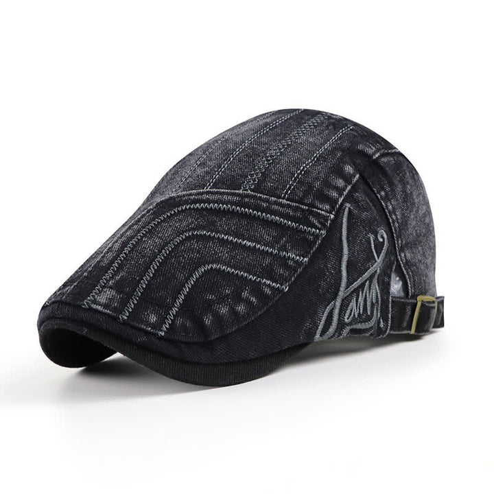 Distressed Embroidery Duckbill Flat Beret Hat - Black - Adjustable (22"-23 5/8") - image 0
