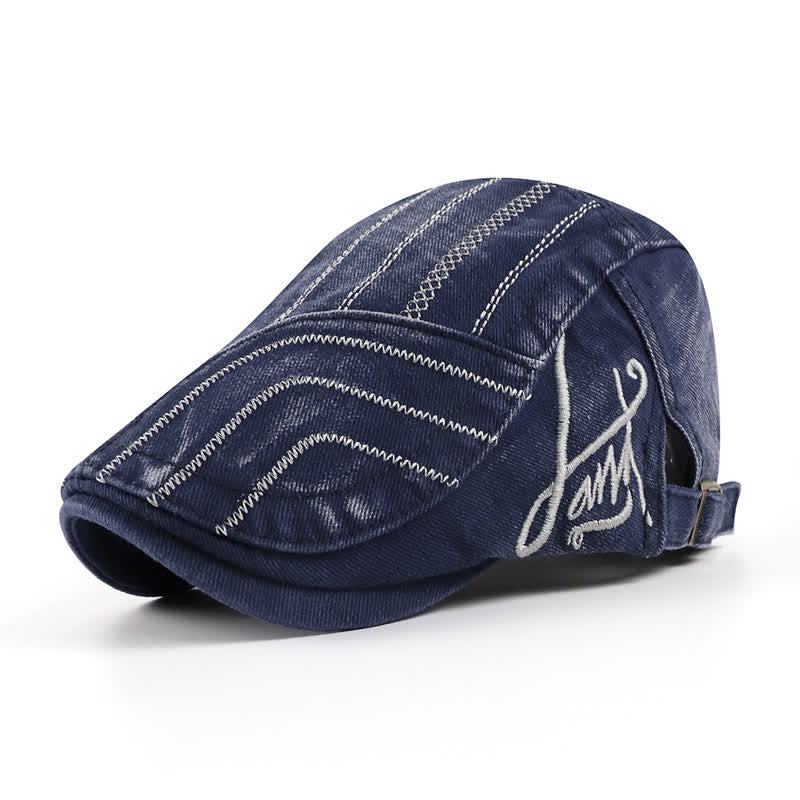 Distressed Embroidery Duckbill Flat Beret Hat - Blue - Adjustable (22"-23 5/8") - image 5
