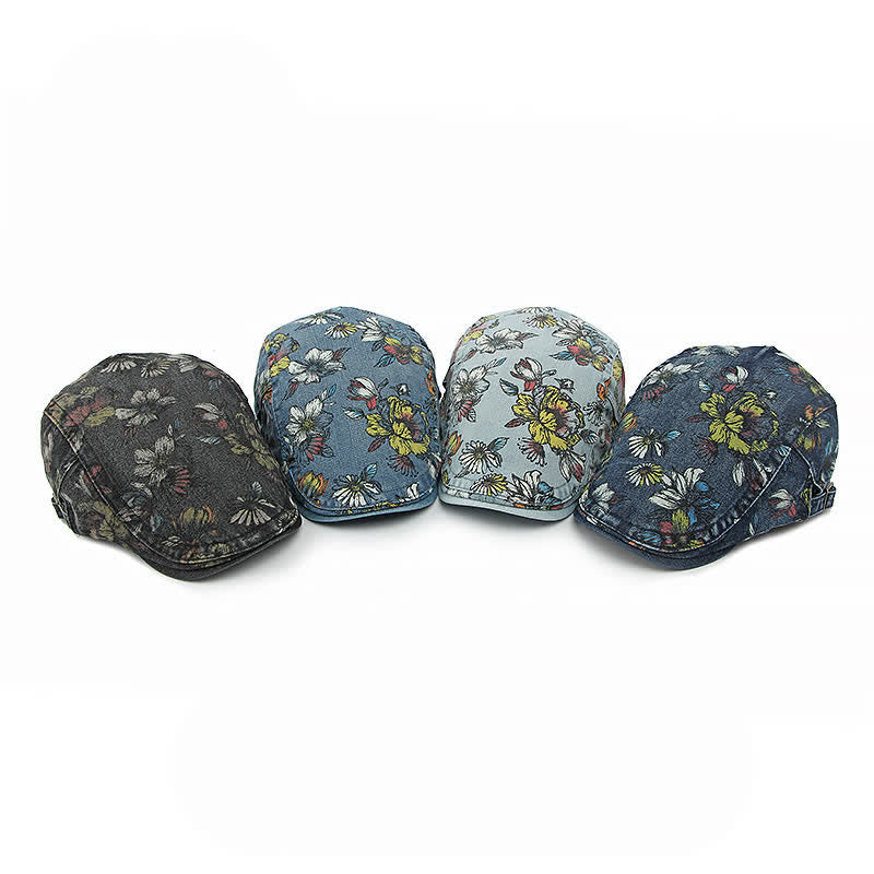Fashion Floral Printed Denim Flat Beret Hat - image 1