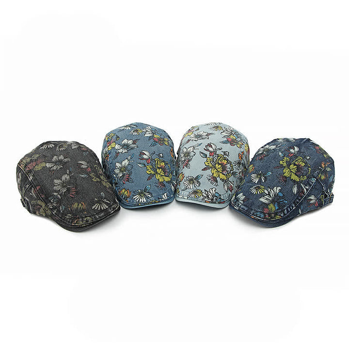 Fashion Floral Printed Denim Flat Beret Hat - image 1