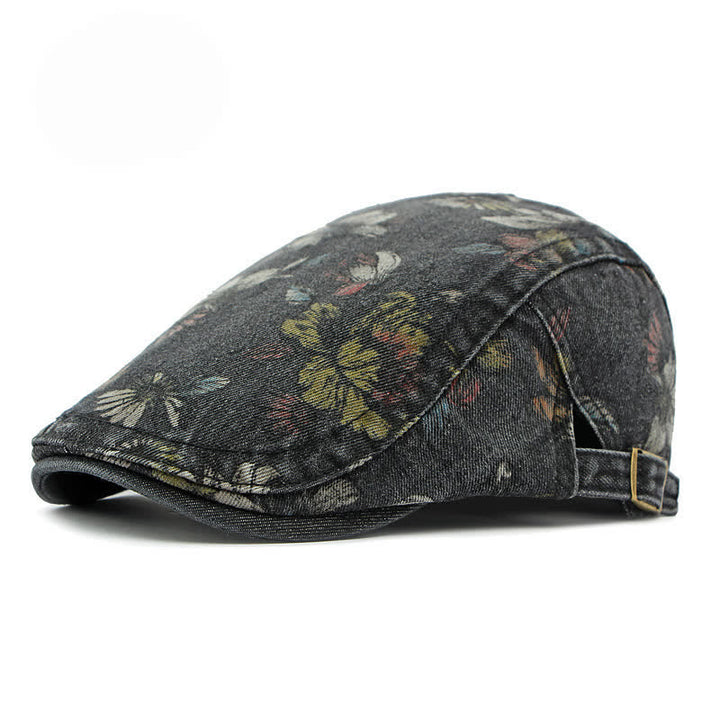 Fashion Floral Printed Denim Flat Beret Hat - Black - Adjustable (21 5/8"-23 5/8") - image 11