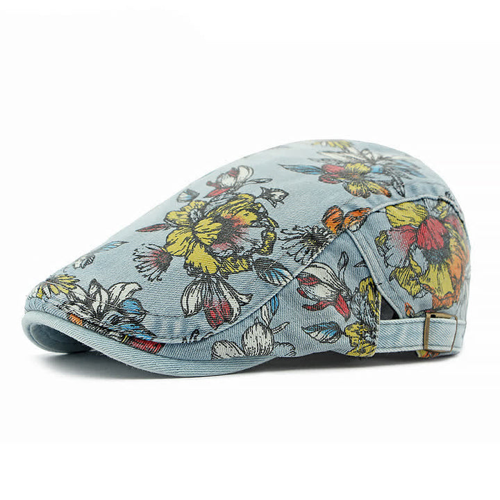 Fashion Floral Printed Denim Flat Beret Hat - Light Blue - Adjustable (21 5/8"-23 5/8") - image 13
