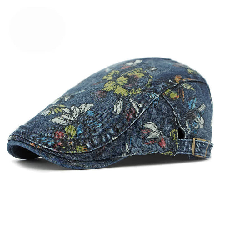 Fashion Floral Printed Denim Flat Beret Hat - Dark Blue - Adjustable (21 5/8"-23 5/8") - image 0