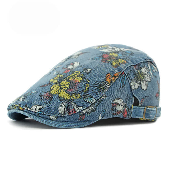 Fashion Floral Printed Denim Flat Beret Hat - Blue - Adjustable (21 5/8"-23 5/8") - image 12