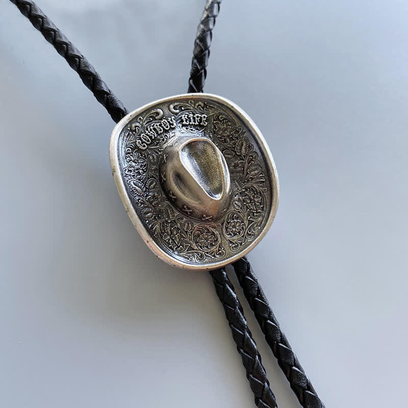 Country Cowboy Life Hat Pendant Bolo Tie - Antique Silver - image 0