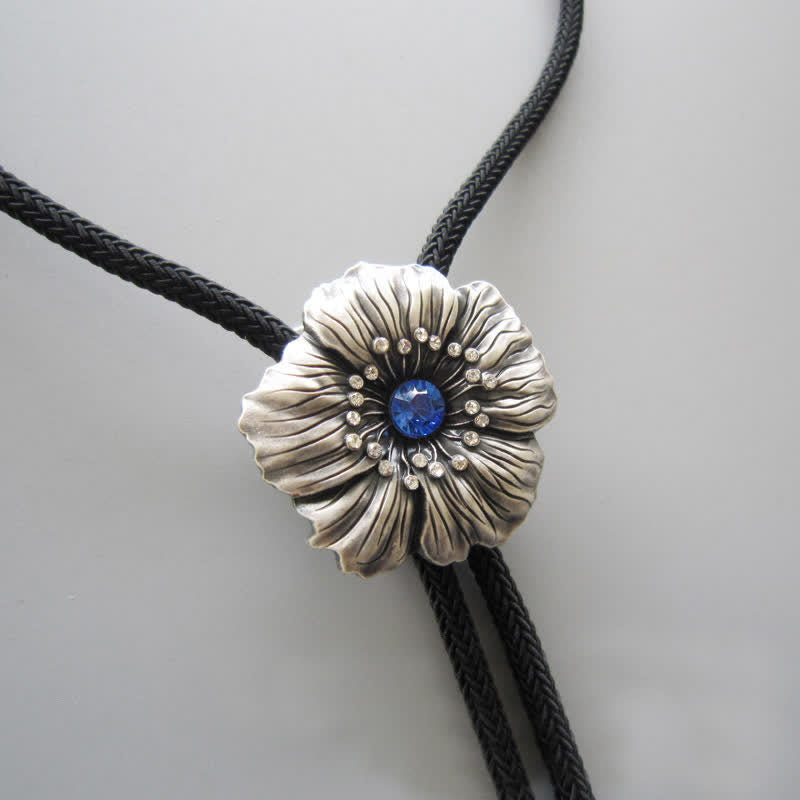 Blue Faux Crystal Rhinestone Flower Shape Bolo Tie - image 3