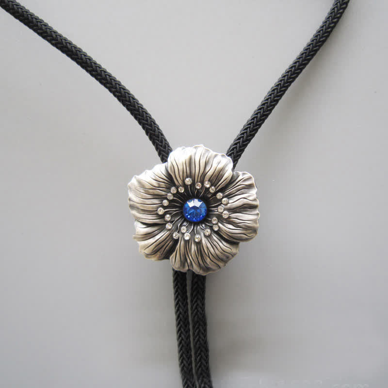 Blue Faux Crystal Rhinestone Flower Shape Bolo Tie - image 2