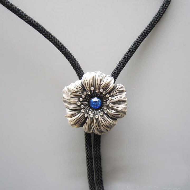 Blue Faux Crystal Rhinestone Flower Shape Bolo Tie - image 2