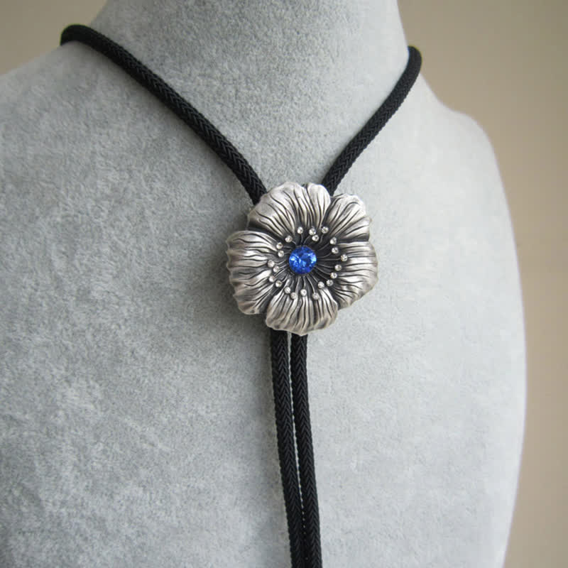 Blue Faux Crystal Rhinestone Flower Shape Bolo Tie - image 1