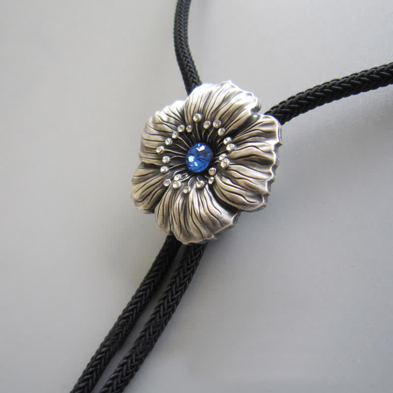 Blue Faux Crystal Rhinestone Flower Shape Bolo Tie - Antique Silver & Blue - image 0
