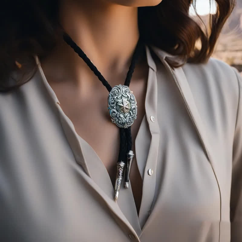 Western Texas Silver Star Carving Bolo Tie - image 1