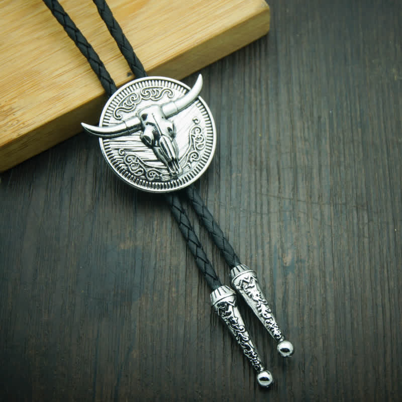 Cow Head Longhorn Bull Cowboy Leather Bolo Tie - image 1