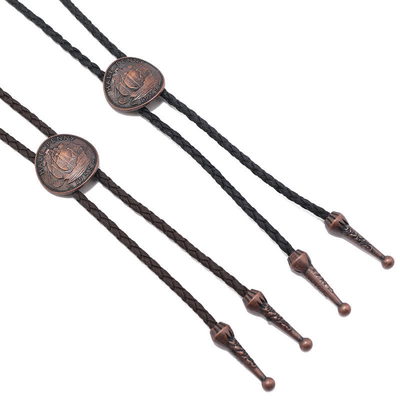 Three Sailboats Ancient Coin Leather Bolo Tie - image 6