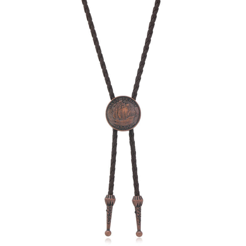 Three Sailboats Ancient Coin Leather Bolo Tie - Dark Brown - image 2
