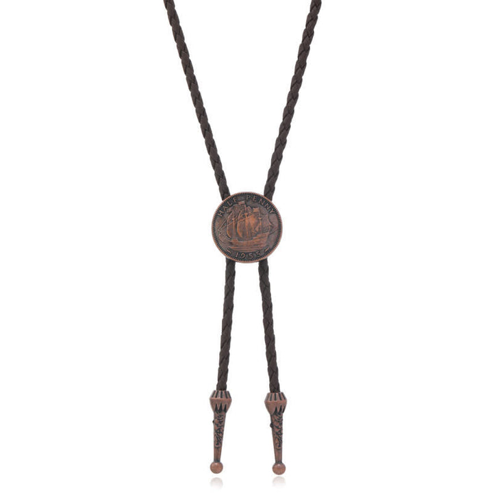 Three Sailboats Ancient Coin Leather Bolo Tie - Dark Brown - image 2
