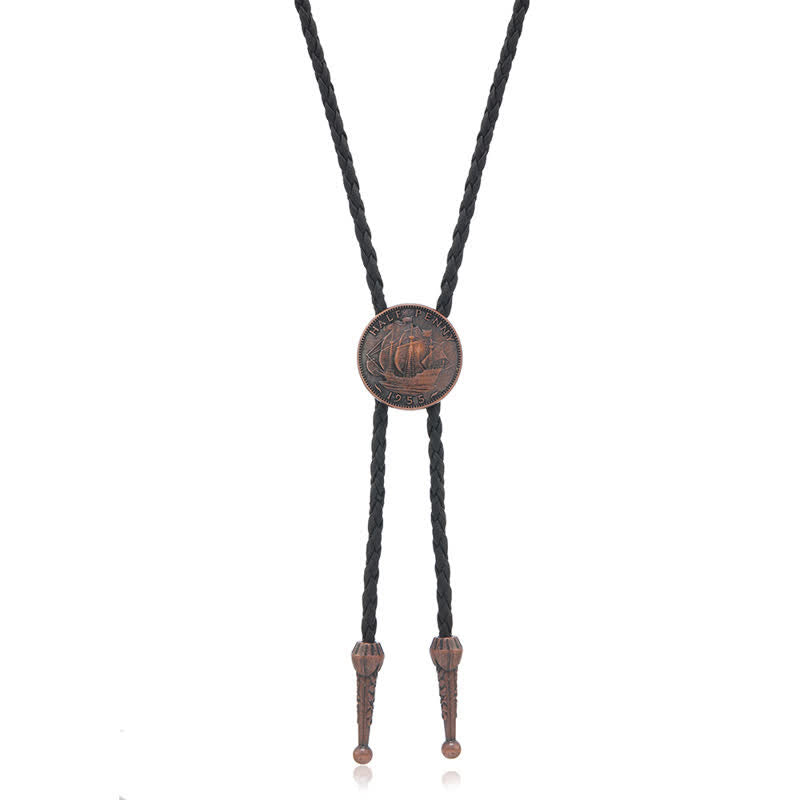 Three Sailboats Ancient Coin Leather Bolo Tie - Black - image 7