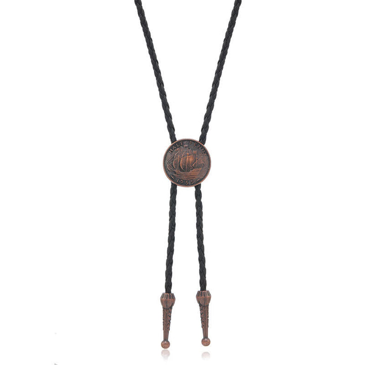 Three Sailboats Ancient Coin Leather Bolo Tie - Black - image 7
