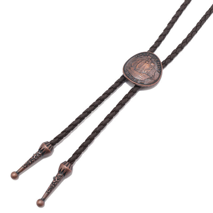 Three Sailboats Ancient Coin Leather Bolo Tie - image 4