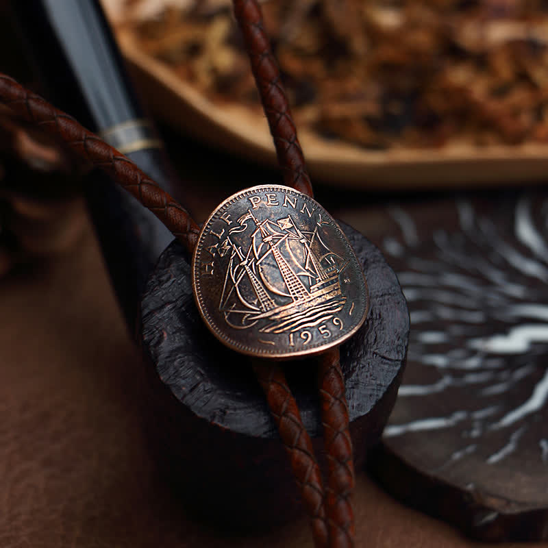 Three Sailboats Ancient Coin Leather Bolo Tie - image 0