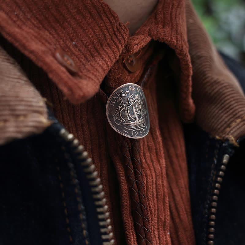 Three Sailboats Ancient Coin Leather Bolo Tie - image 1