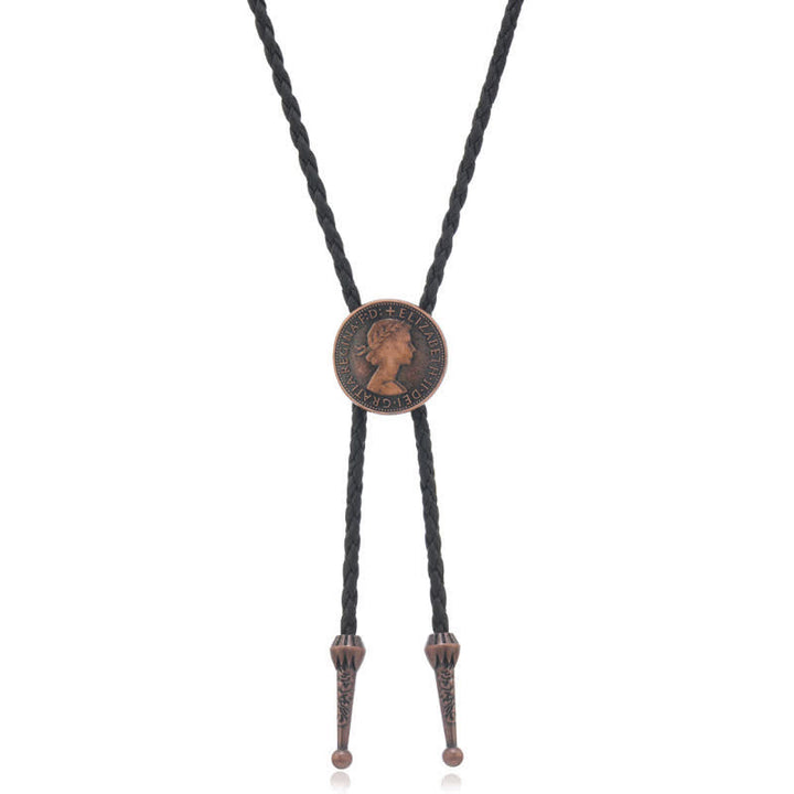 Vintage Queen Portrait Ancient Coin Bolo Tie - Black - image 2