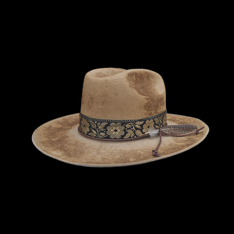 Jacquard Flower Decorative Feathers Wool Cowboy Hat - image 1