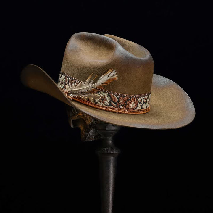 Jacquard Flower Decorative Feathers Wool Cowboy Hat - Camel - M (22"-21 7/8") - image 0