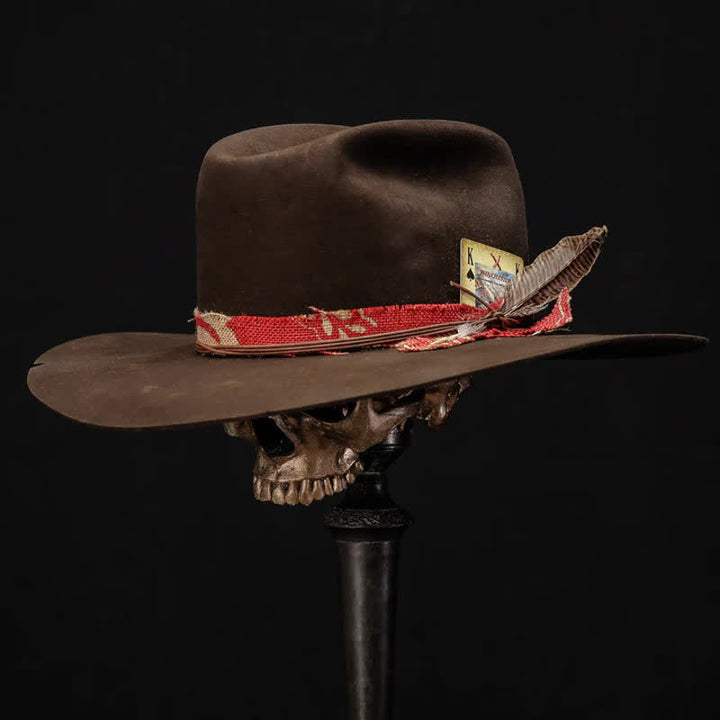 Dark Brown Imitation Wool Red Fabric Cowboy Hat