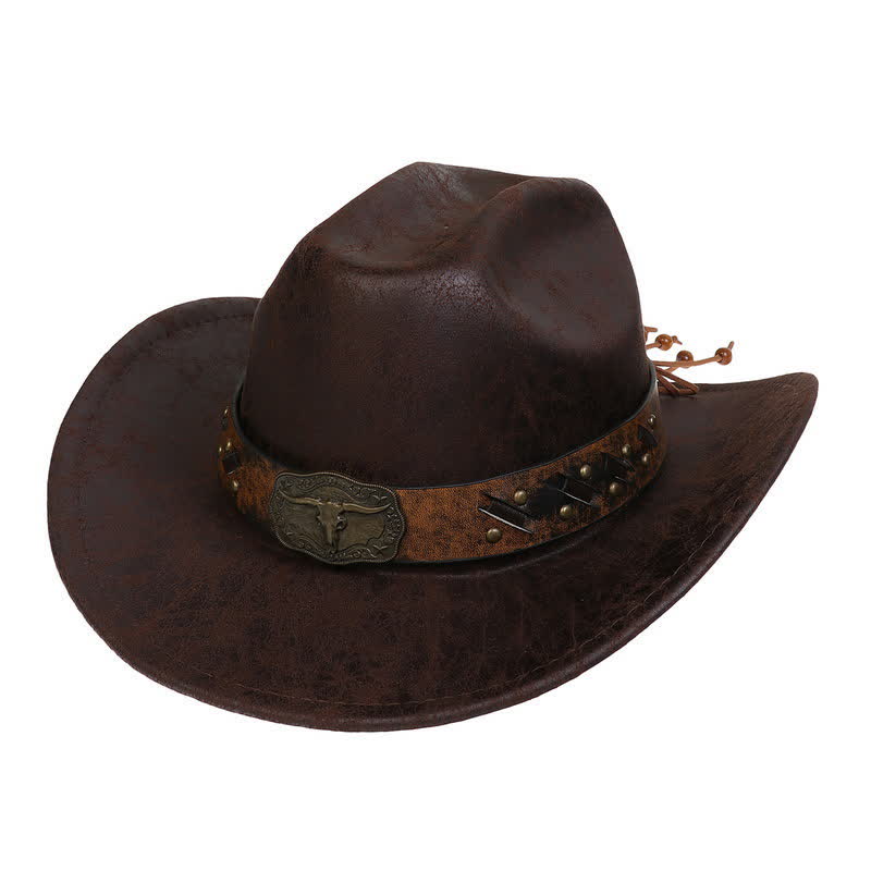 Longhorn Bull Vintage Imitation Leather Crack Cowboy Hat - Coffee - Style #2 - M (22"-22 7/8") - image 12