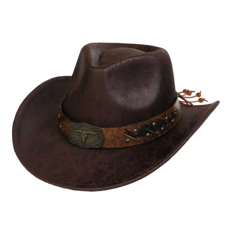 Longhorn Bull Vintage Imitation Leather Crack Cowboy Hat - Coffee - Style #1 - M (22"-22 7/8") - image 1