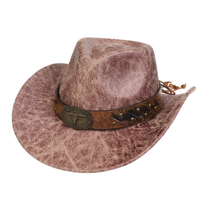 Longhorn Bull Vintage Imitation Leather Crack Cowboy Hat - Khaki - Style #1 - M (22"-22 7/8") - image 9