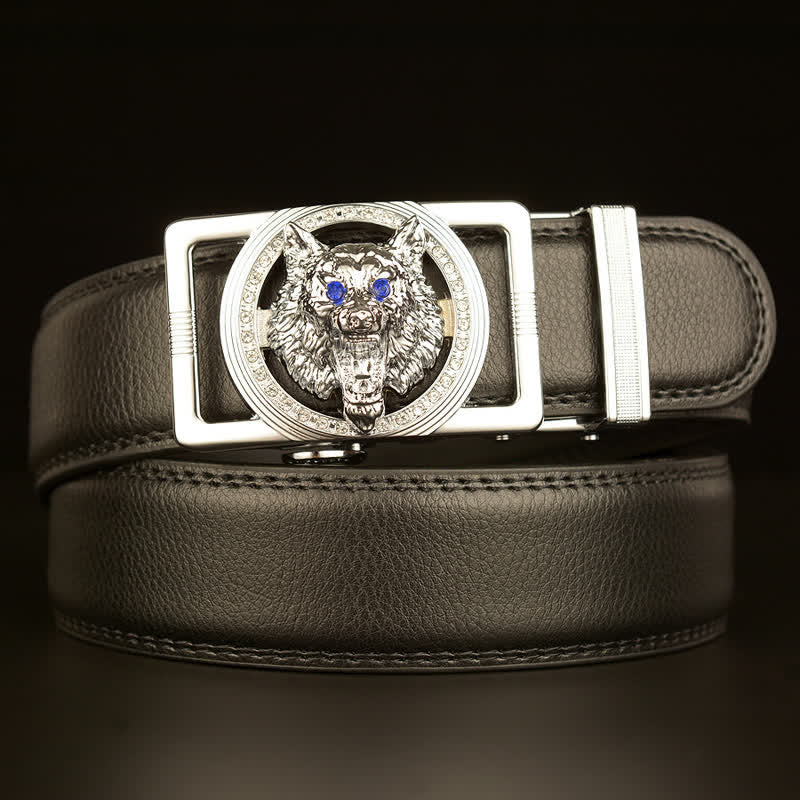 Men's Wolf Head Rhinestone Automatic Buckle Leather Belt - Silver - 46 - image 8