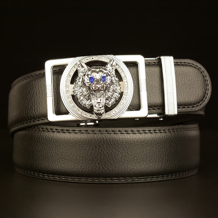 Men's Wolf Head Rhinestone Automatic Buckle Leather Belt - Silver - 46 - image 8